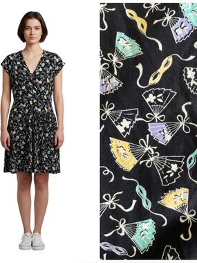 TRASHY DIVA Mardi Gras Fans and Masks Print Dress